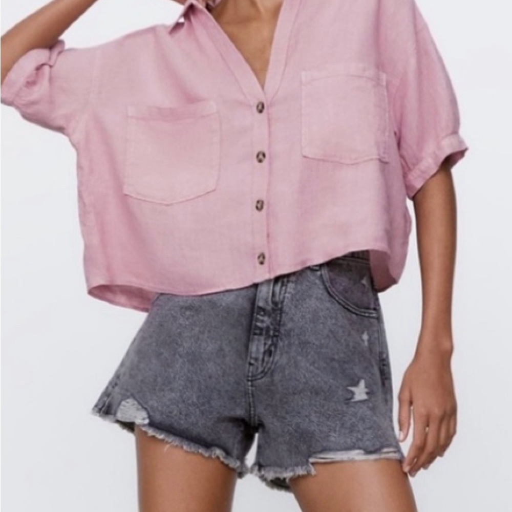 Zara pink linen oversized crop shirt